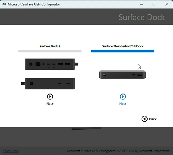 Screenshot that shows select your Surface Dock.