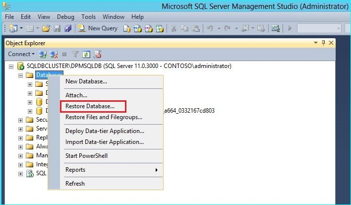 Screenshot of Microsoft SQL Management Studio showing Select restore database option.