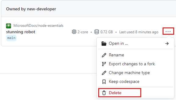 Screenshot of the context menu for a single codespace with the delete option highlighted.