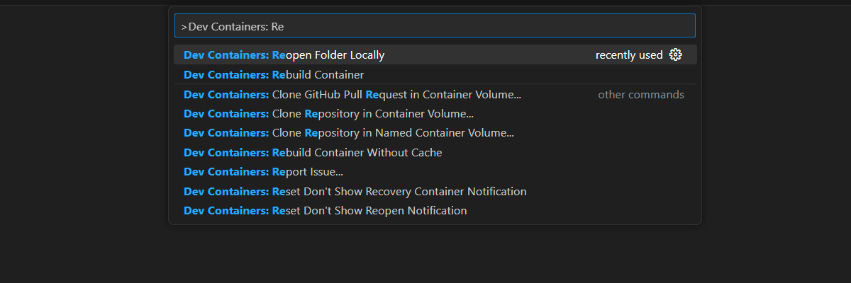 Screenshot of the Command Palette option to reopen the current folder within your local environment.