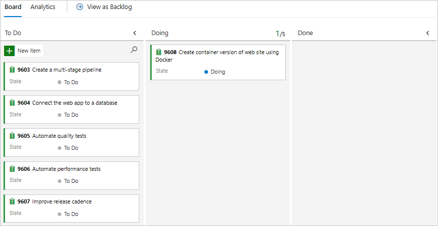 Screenshot of Azure Boards showing the card in the Doing column.