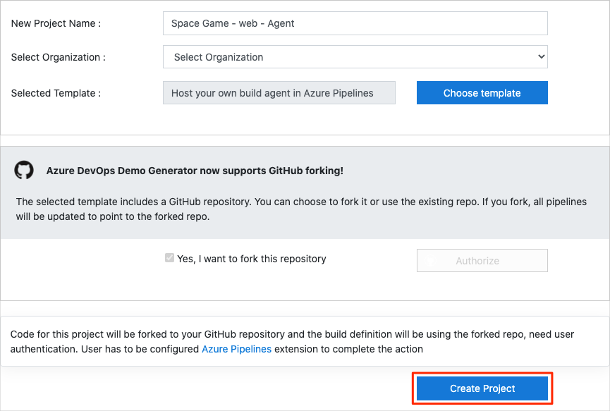 A screenshot of the Azure DevOps Demo Generator Create New Project screen with the Create Project button highlighted.