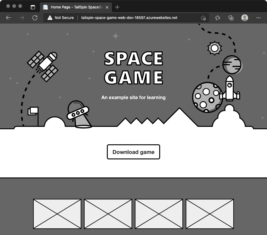 Screenshot of a browser that shows the Space Game website in the Dev environment.
