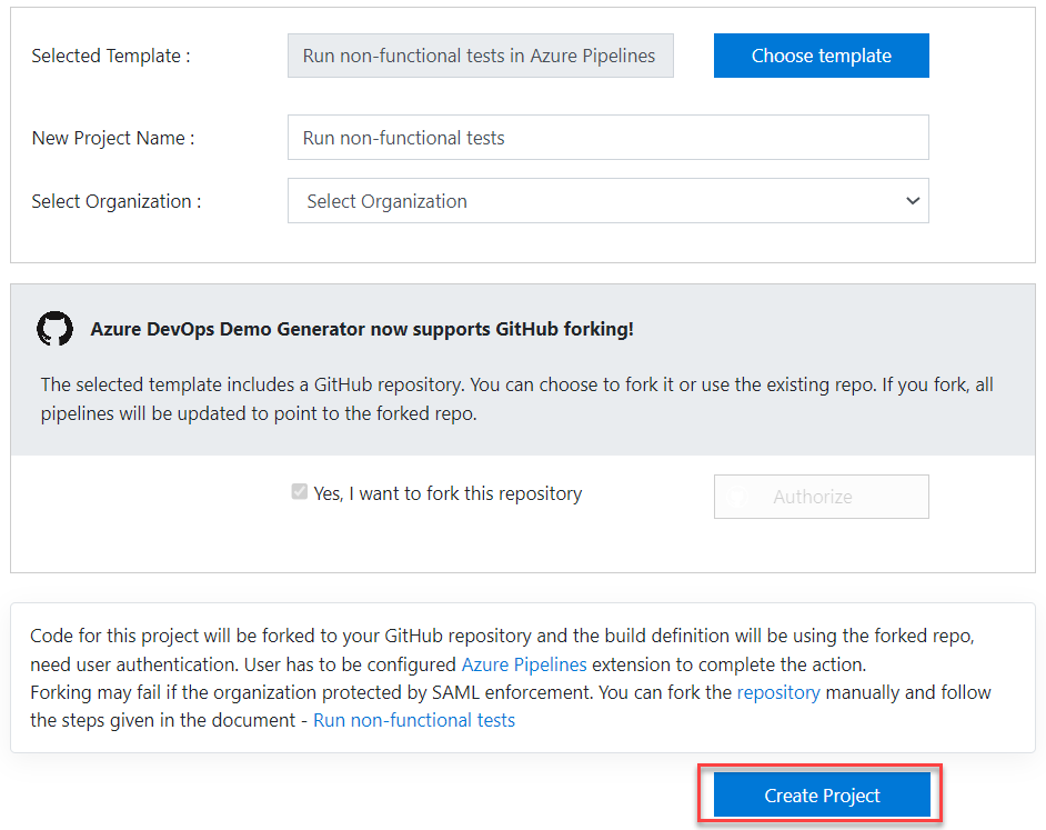 Screenshot for Creating a project through the Azure DevOps Demo Generator.