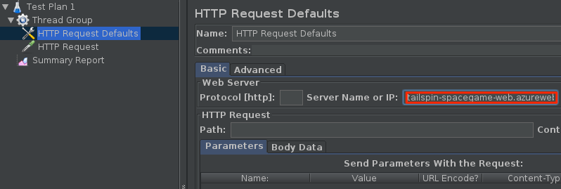 Screen shot that shows specifying the HTTP request in Apache JMeter.