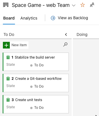 Screenshot of Azure Boards showing the initial three tasks. Each task is in the To Do column.