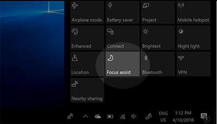 Action center in Windows 10 with Focus assist highlighted.