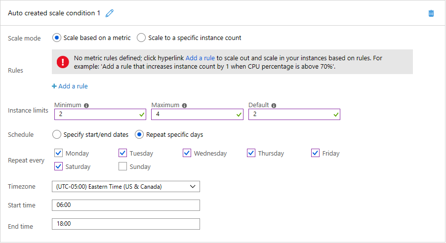 Figure 7: Scheduled autoscaling in Azure.