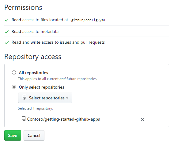 Screenshot of reviewing requested permissions and repository access.