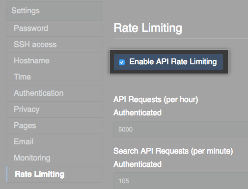 Screenshot of the management console setting the API rate limits.