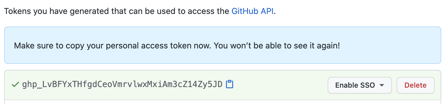 Screenshot with an example of a GitHub personal access token.