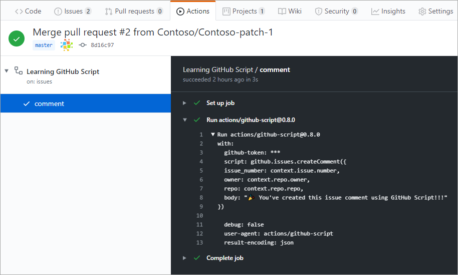Screenshot of a completed workflow using GitHub Script.