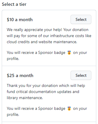 Screenshot showing sponsorship tiers.