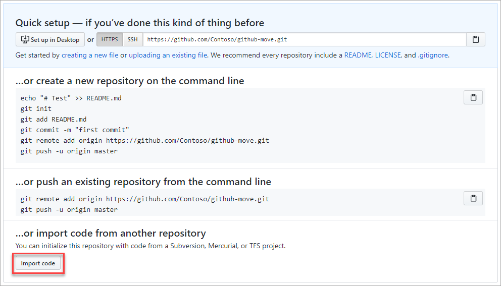 Screenshot of importing code to a GitHub repository.