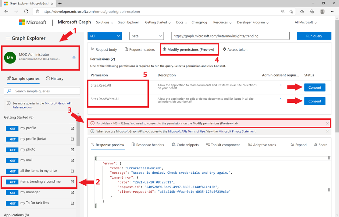Screenshot that shows how to test queries with your own account in Graph Explorer.