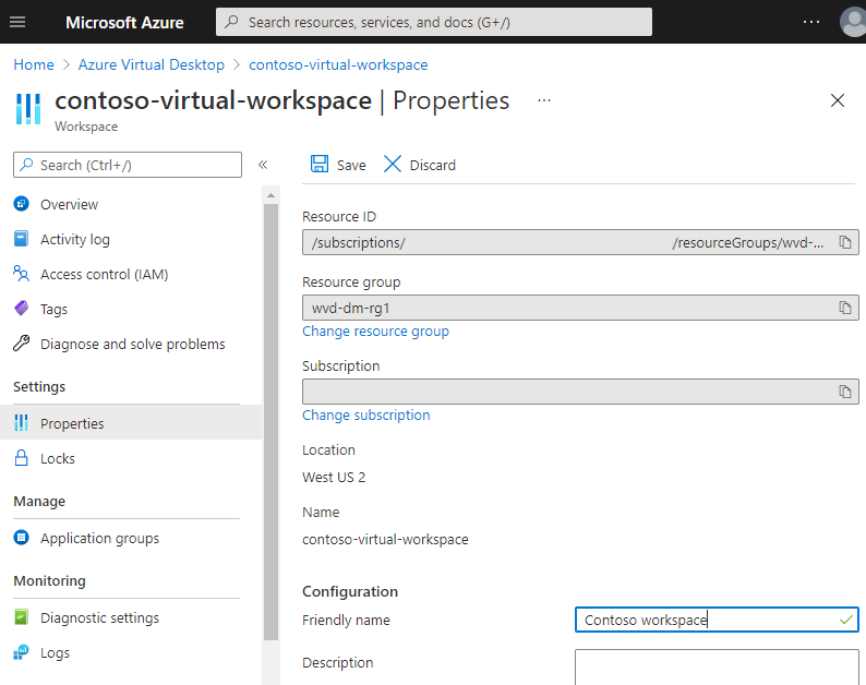 Screenshot that shows workspace properties with the friendly name Contoso workspace.