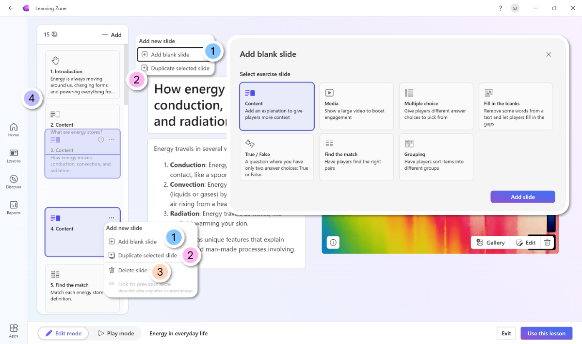 Screenshot showing the add slide, duplicate slide, and delete slide options in Learning Zone.