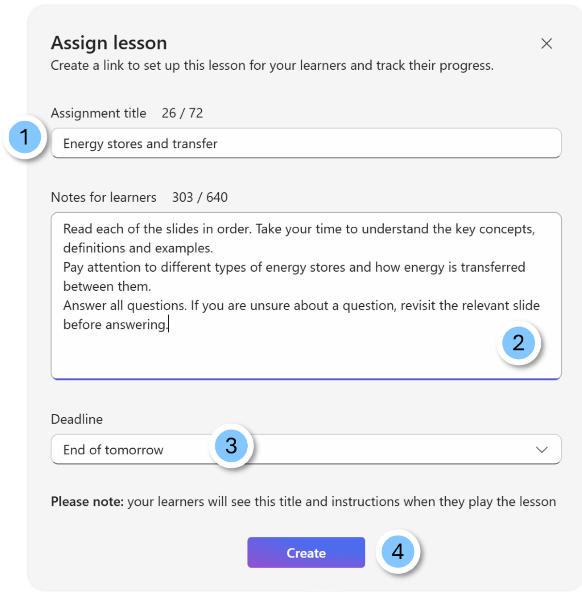 Screenshot of the assign lesson screen in Learning Zone.