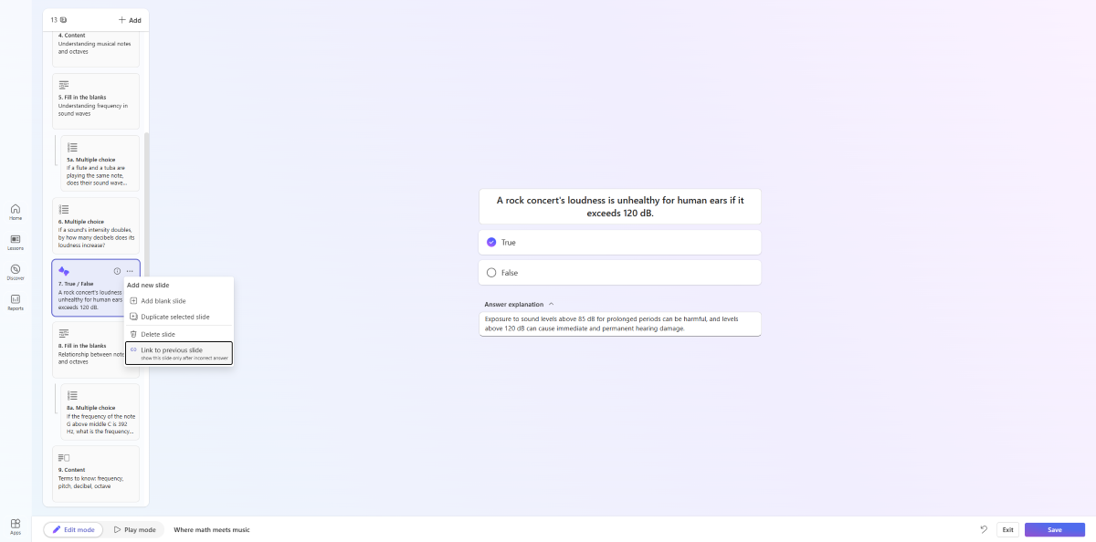 Screenshot of the exercise linking feature in Learning Zone.
