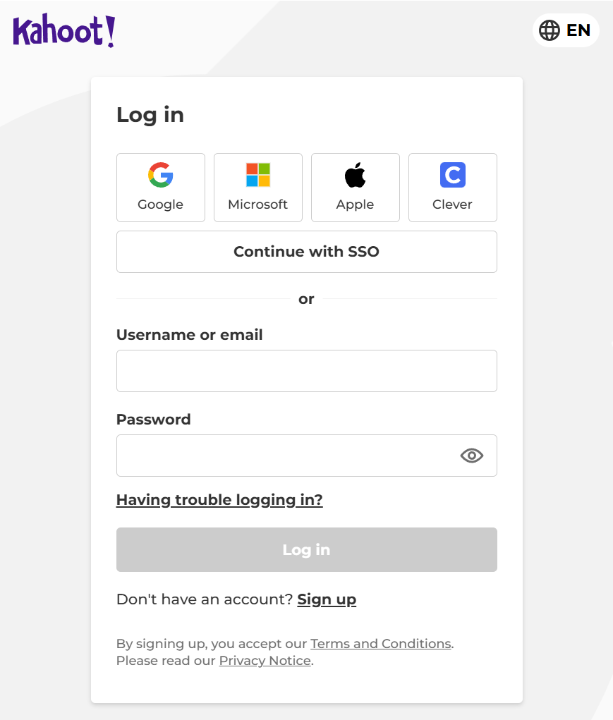 Screenshot of the Kahoot sign in page.