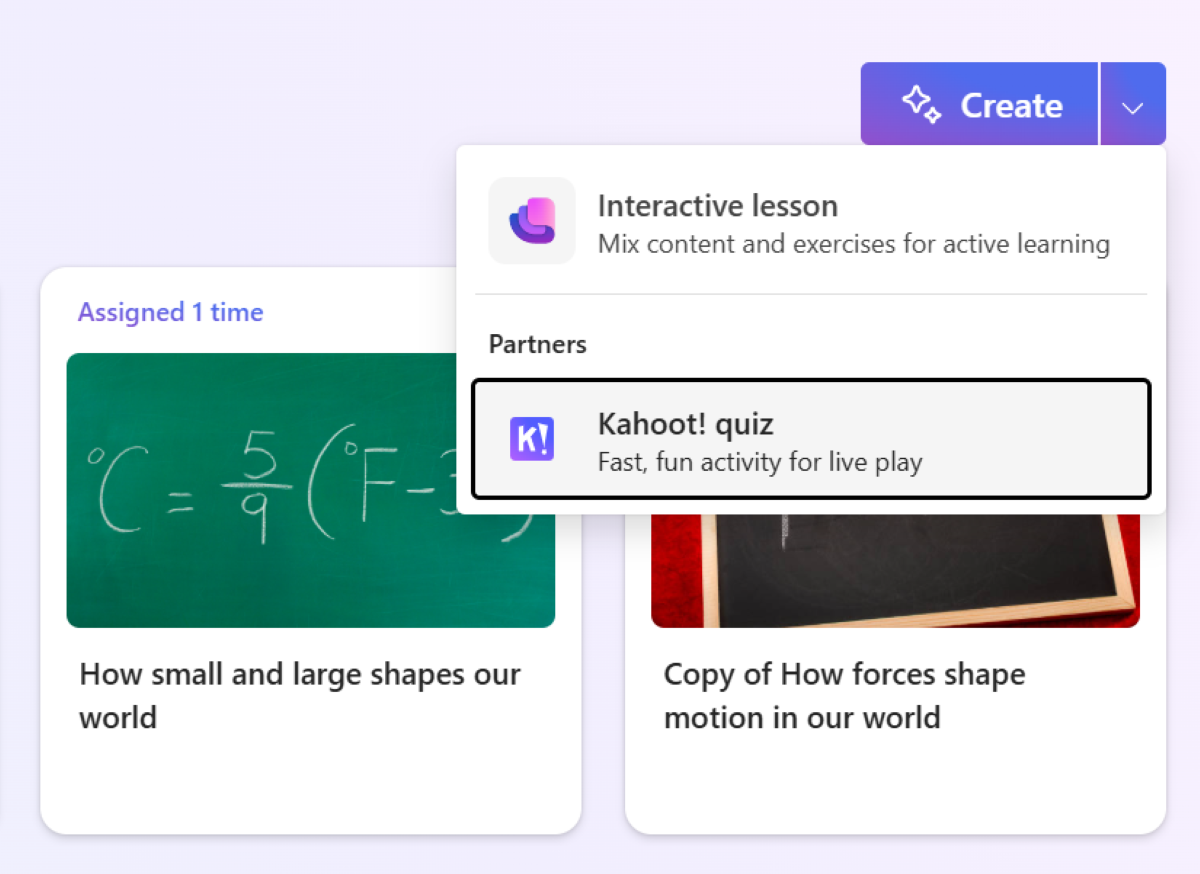 Screenshot of the Create dropdown menu with the quiz option.