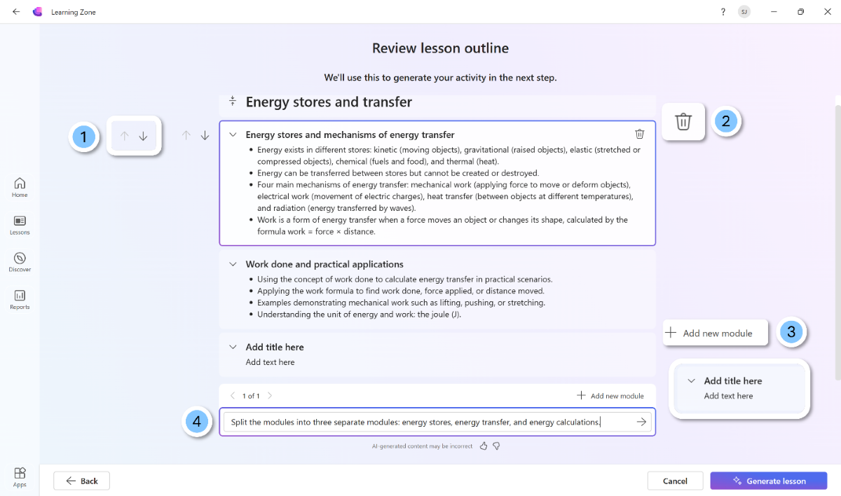 Screenshot of the Learning Zone review lesson outline screen.