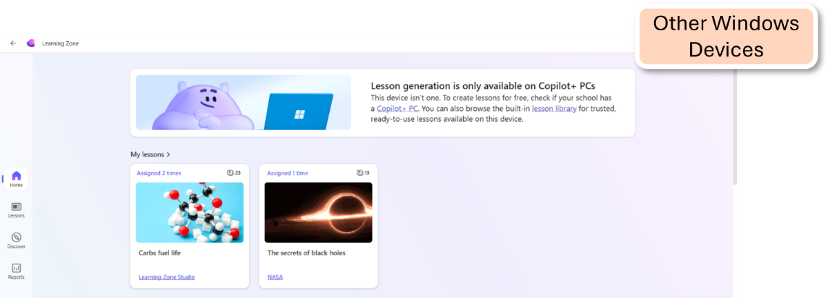 Screenshot of Learning Zone sidebar on Windows devices that aren't Copilot+ PCs.