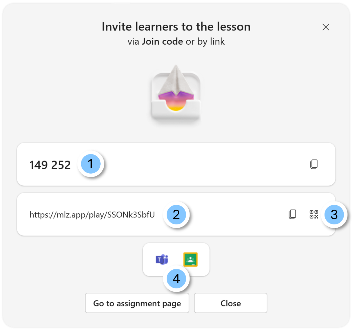 Screenshot of the link sharing options in Learning Zone.