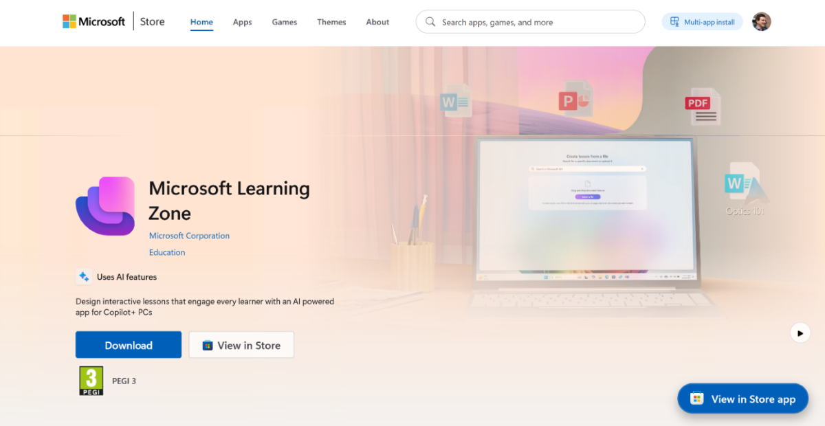 Screenshot of Microsoft Store page for the Microsoft Learning Zone app.