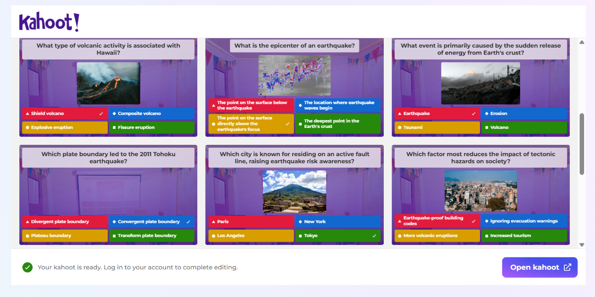 A screenshot showing a preview of a Kahoot quiz in Learning Zone.