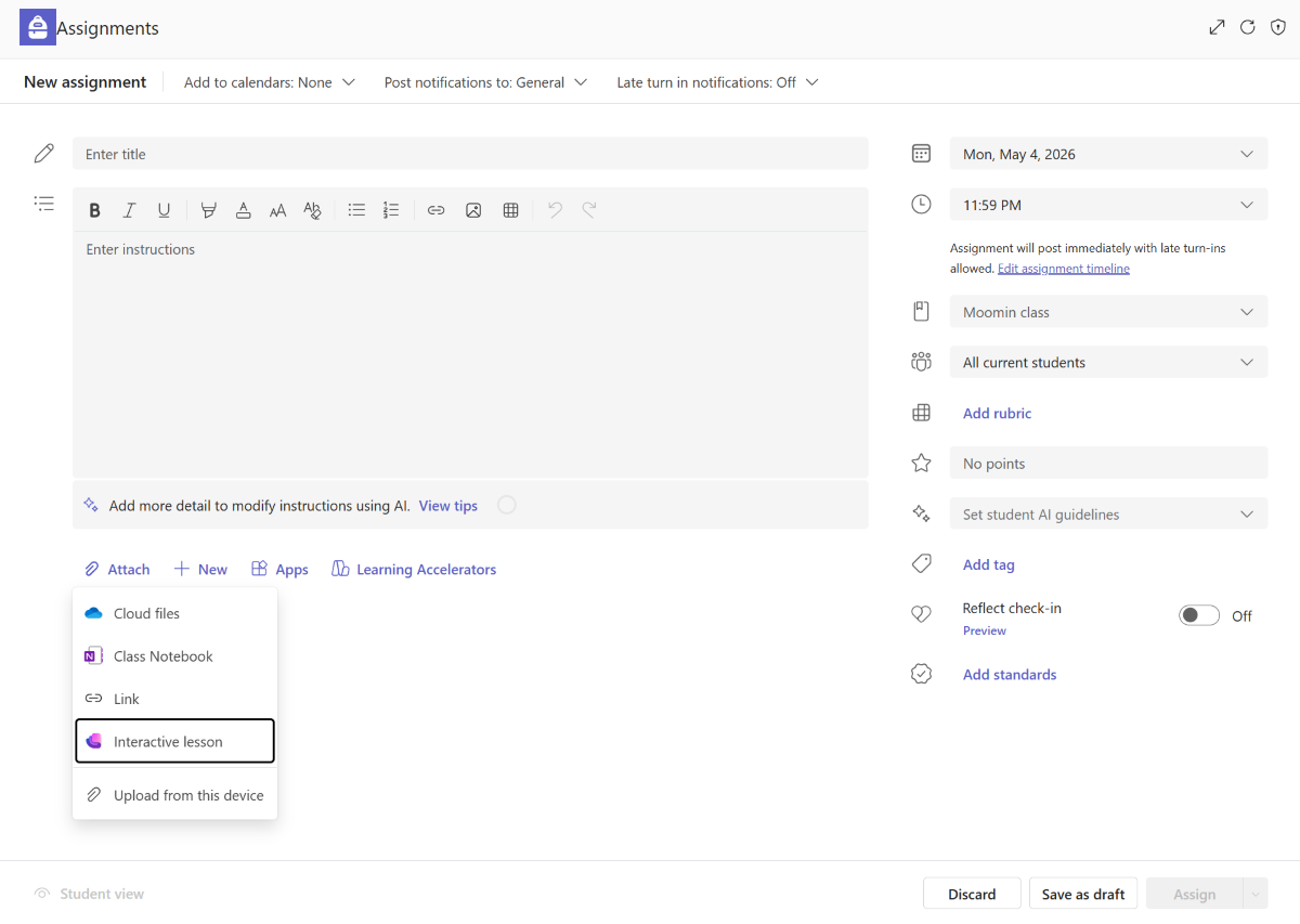 Screenshot of the screen to share a Learning Zone lesson in a Teams assignment.