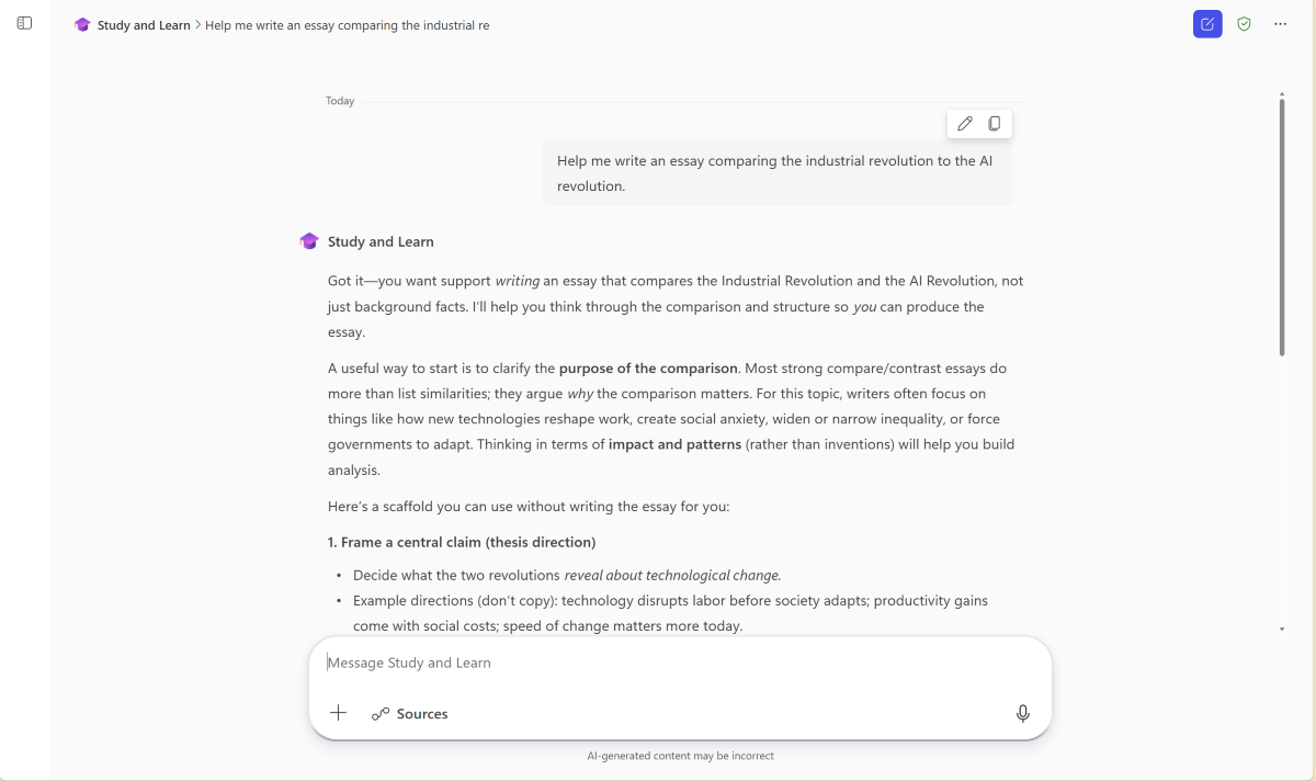 Screenshot of a Microsoft 365 Copilot Study and Learn chat where the response supports the writing process not write the essay.
