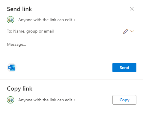 Screenshot of link sharing option in Microsoft 365.