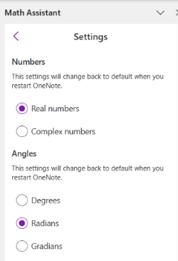 Screenshot of math assist settings.