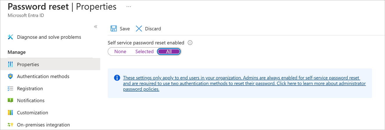 Screenshot of the Password Reset configuration panel. Properties option is selected allowing user to enable self service password resets.