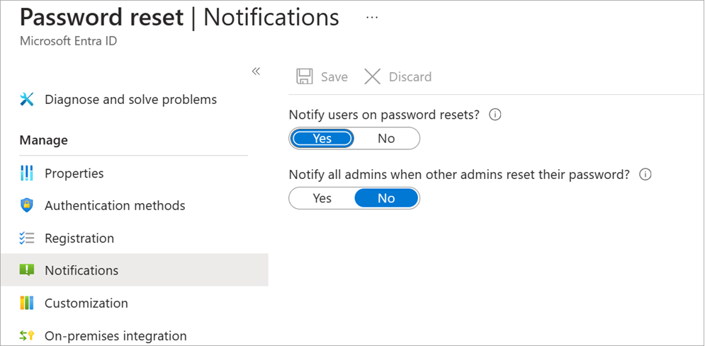 Screenshot of the Password Reset panel's Notification option selected displaying panel with notification options.