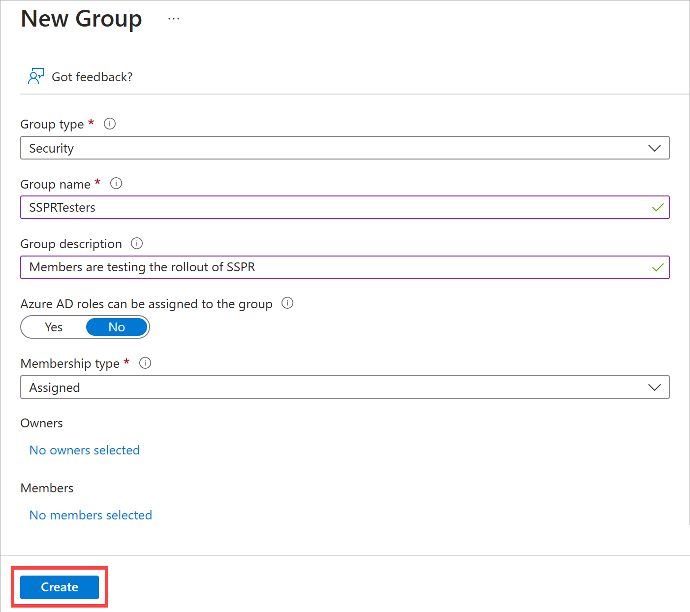 Screenshot that shows new group form filled out and the create button highlighted.