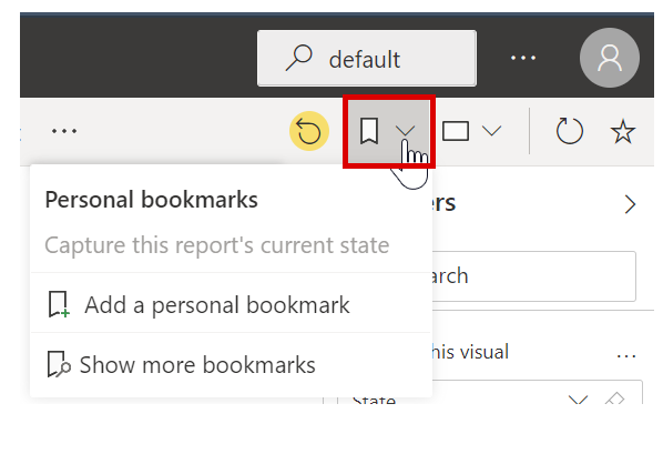 Screenshot of the Power BI bookmarks drop down menu.