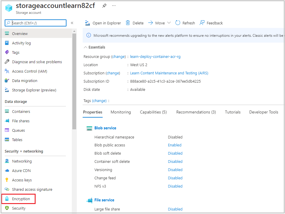 Screenshot of the Azure portal showing a message about Azure Storage encryption.