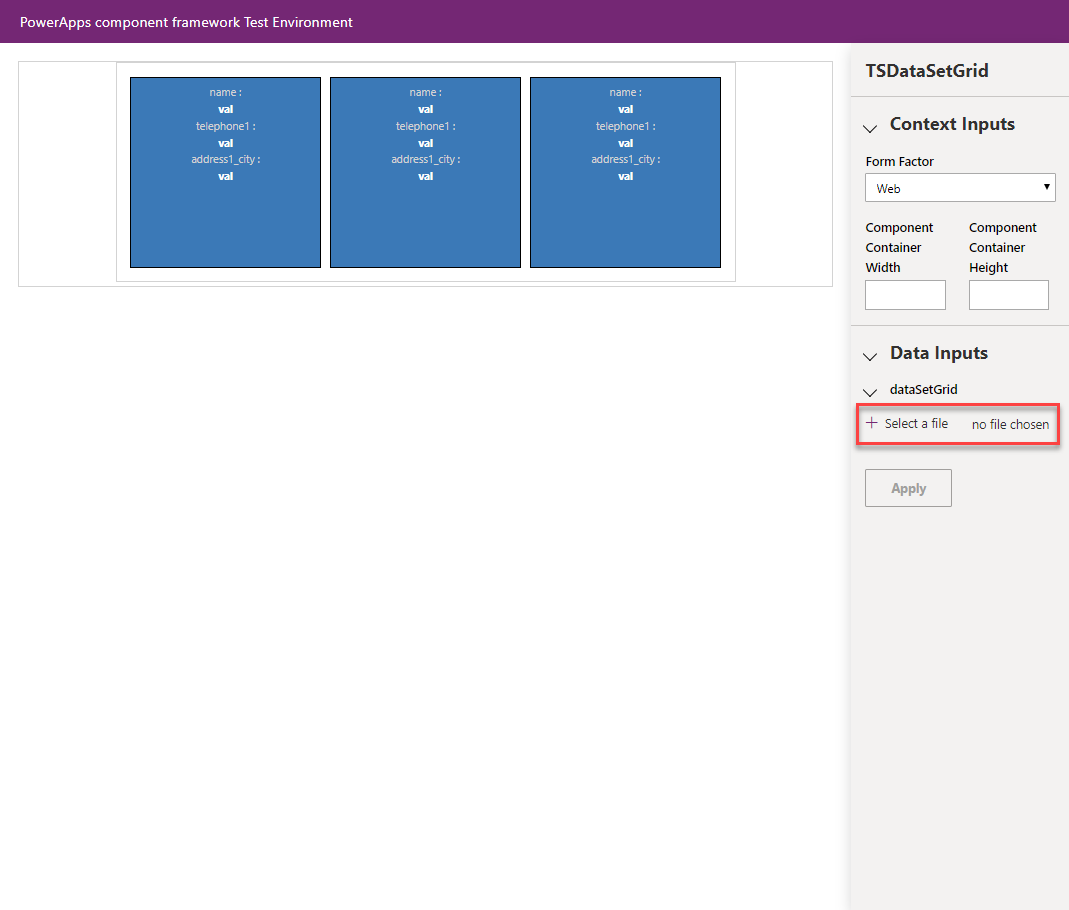 Screenshot of Data Inputs, + Select a file.