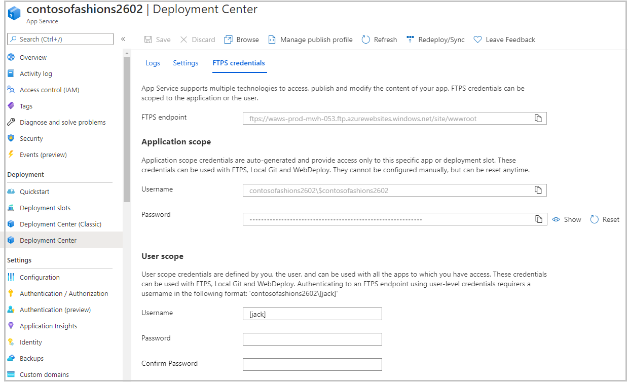 Screenshot of the App Service Deployment Center pane showing FTPS credentials tab.