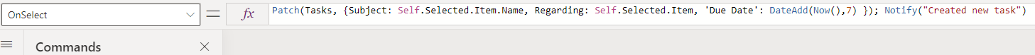 Screenshot showing the on-select command formula.