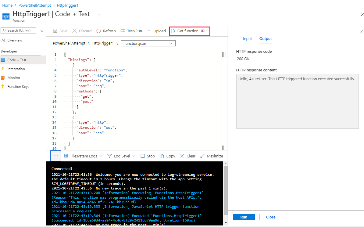 Screenshot of the Azure portal showing the function editor, with the Get function URL button highlighted.