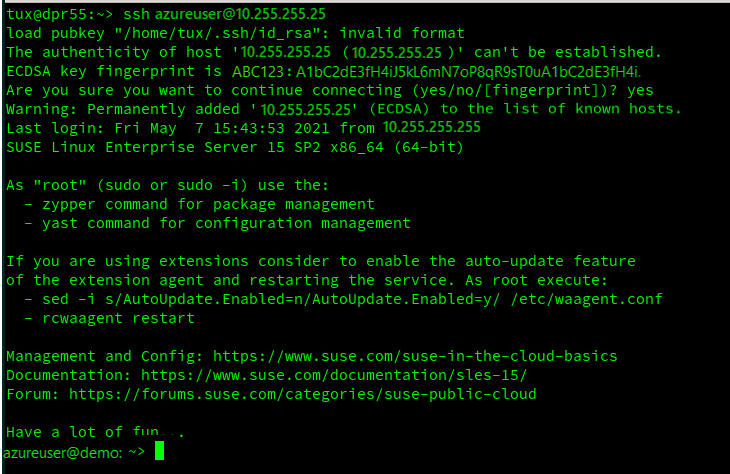 Screenshot of launching SUSE SLES Azure V M using s s h.