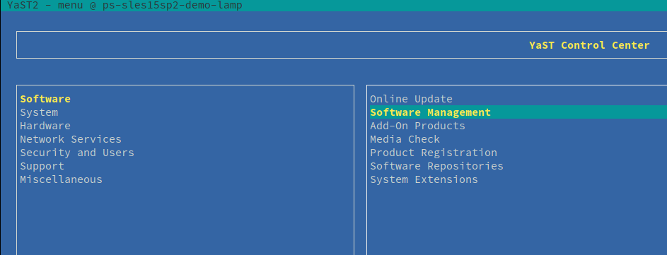 Screenhot of YaST Control Center selecting Software Management.