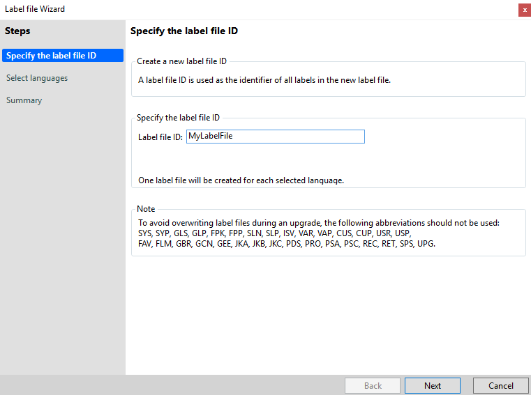 Screenshot of the Label file Wizard.