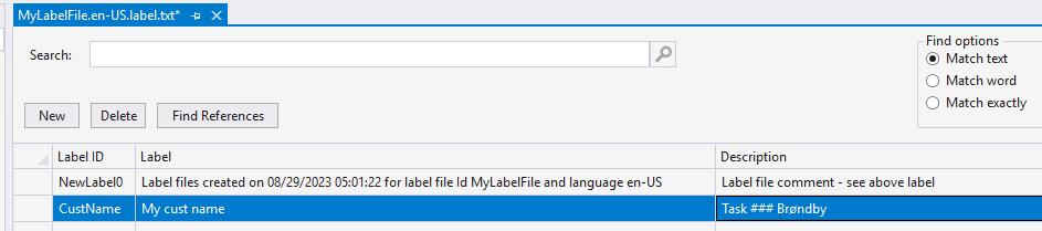 Screenshot of the file designer and the selection of a CustName label file.