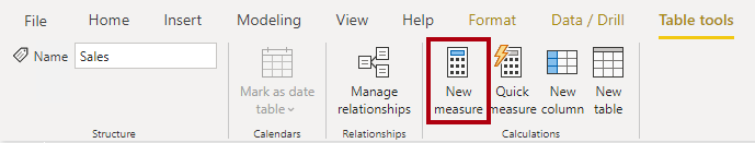An image shows the Table Tools contextual ribbon for the Sales table. The New Measure command is highlighted.