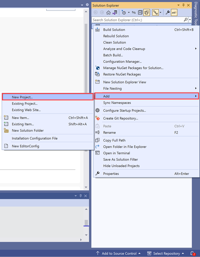 Screenshot of Solution Explorer, showing the Add new project to solution command.
