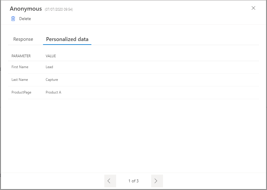 The Personalized data tab shows the following variables from the survey: First Name, Last Name, and ProductPage.